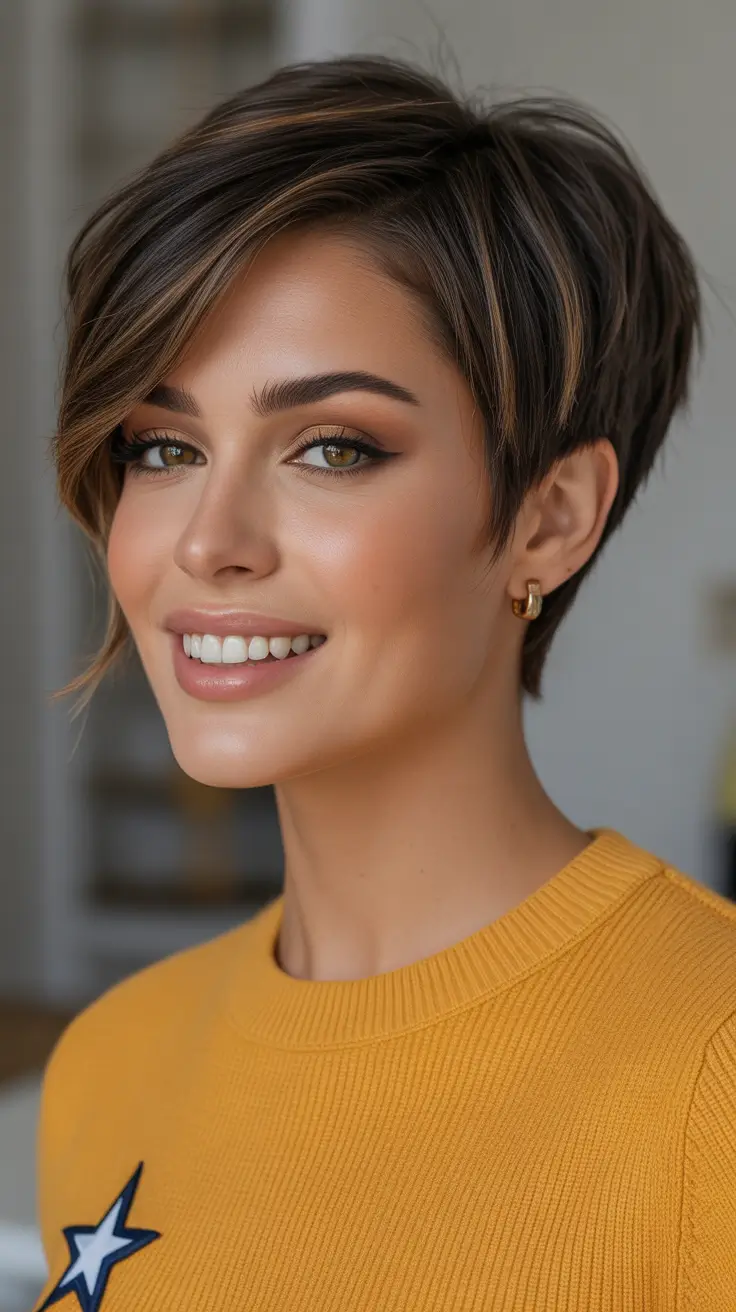 pixie haircut Sleek-Brunette-Pixie-with-Warm-Dimensional-Highlights
