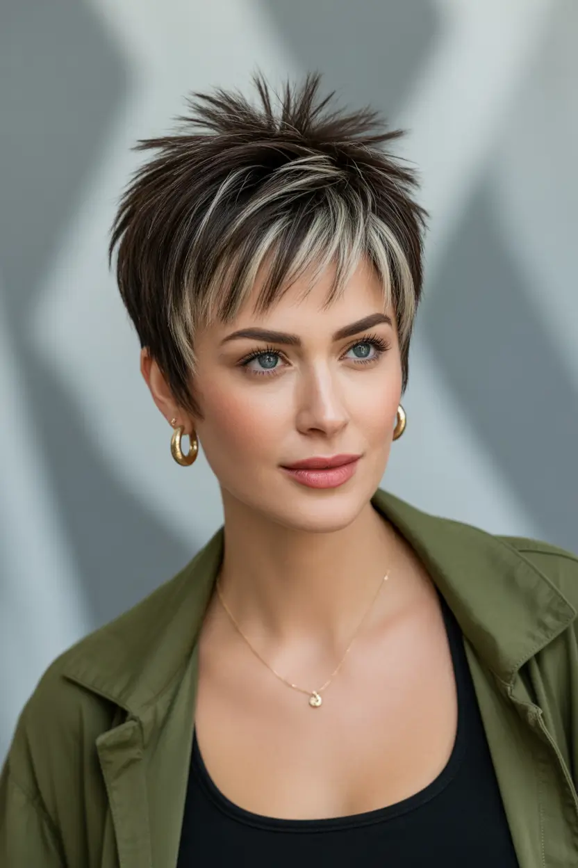 pixie haircut Textured-Brunette-Pixie-with-Bold-Contrast-Highlights