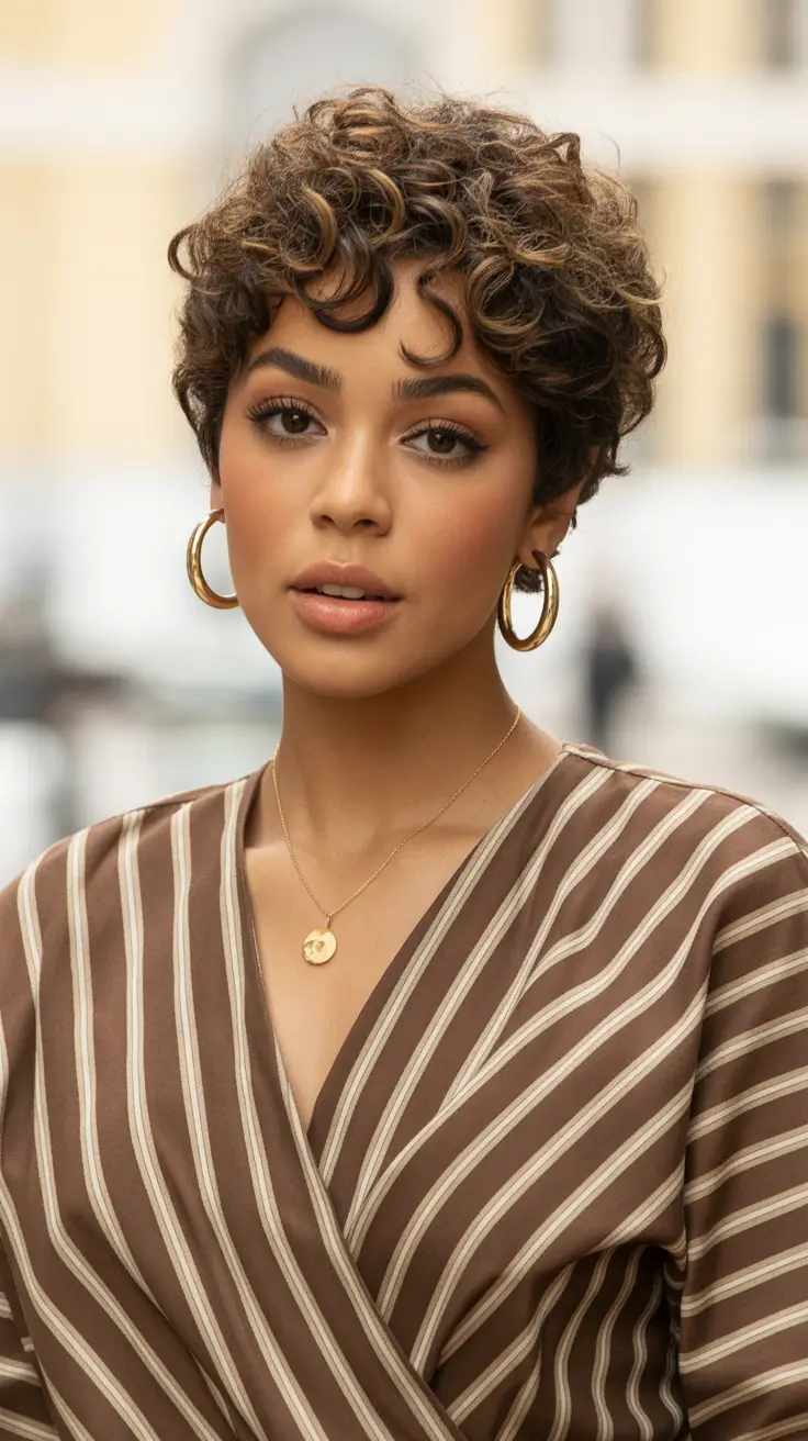 pixie haircut Soft-Curly-Pixie-with-Natural-Brown-Highlights