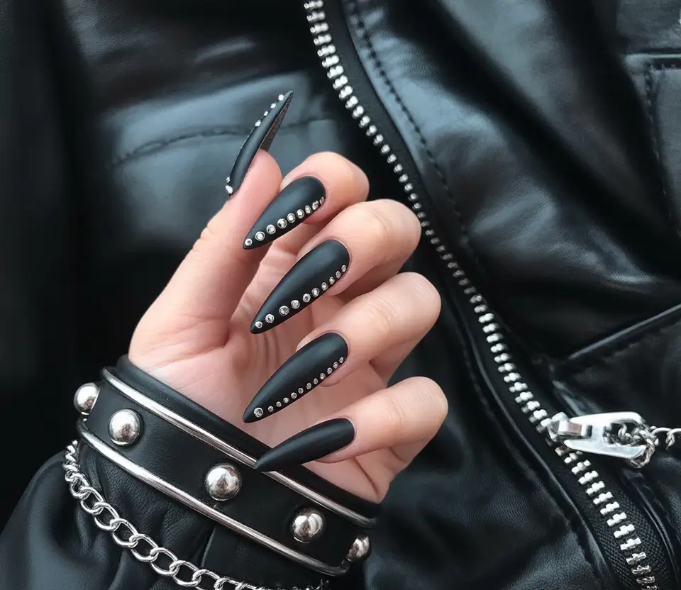 stiletto nails Matte Black Studded Stiletto Drama