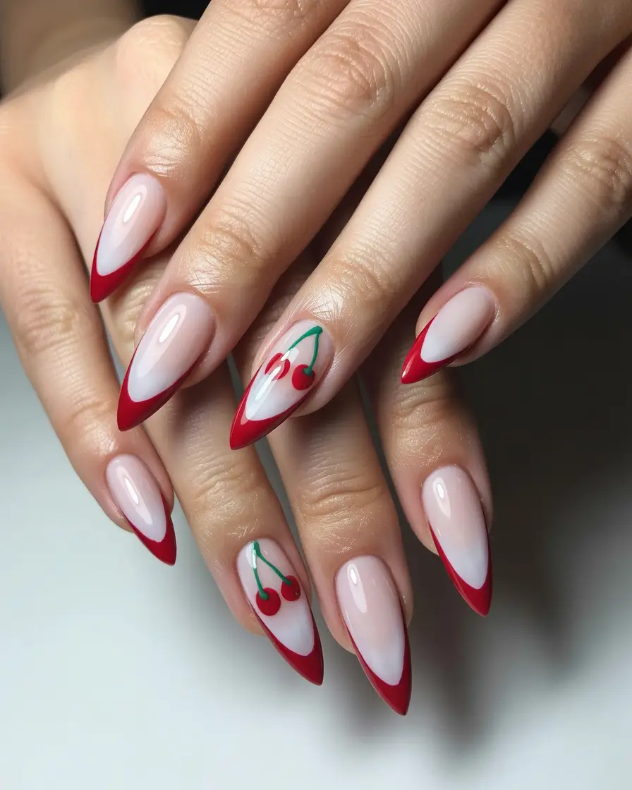 stiletto nails Red French Tip Stiletto Nails with Cherry Art