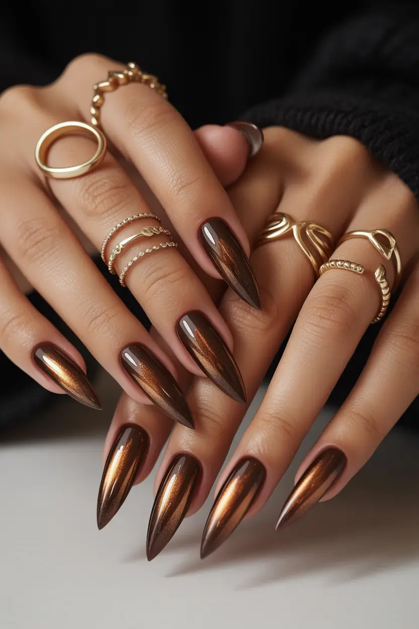stiletto nails Metallic Brown Stiletto Nails with Gold Shine
