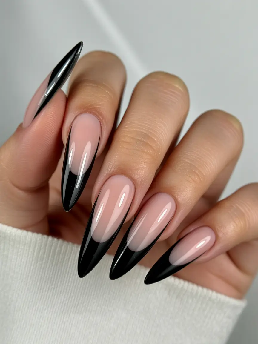 stiletto nails Soft Nude and Black French Stiletto Nails