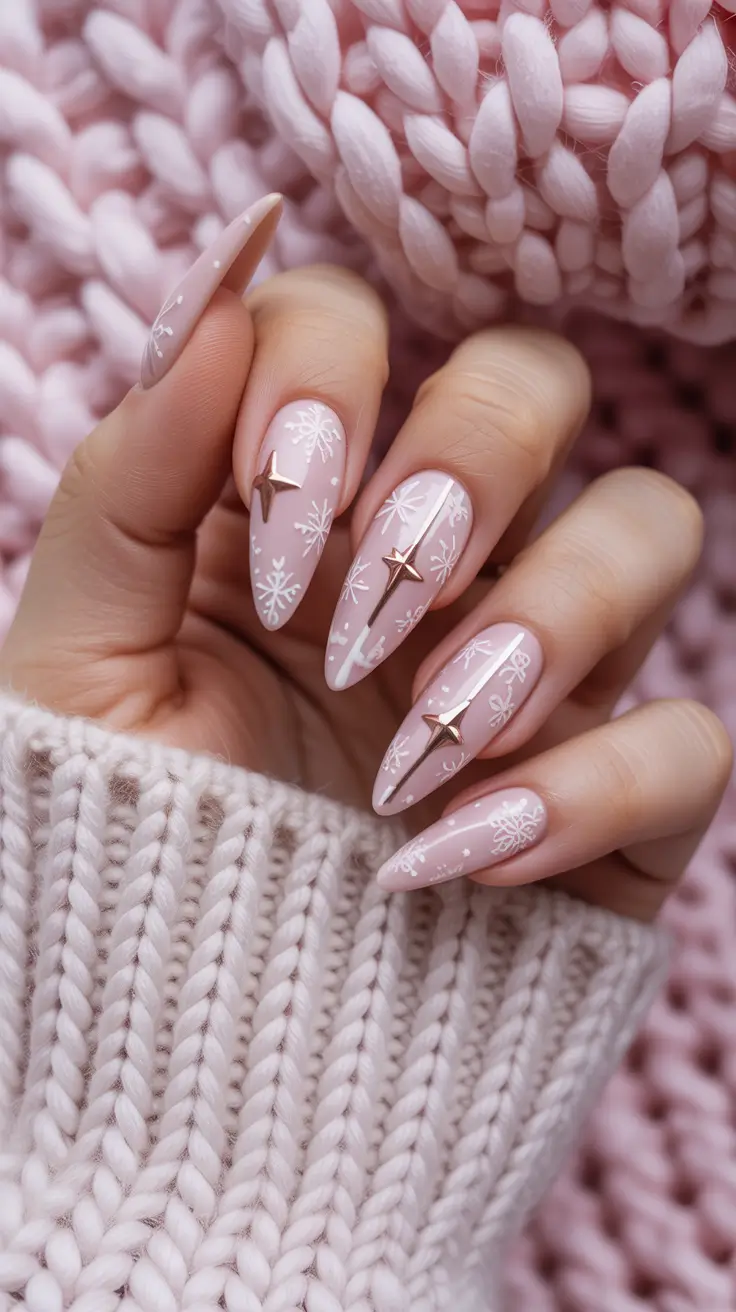stiletto nails Soft Pink Stiletto Nails with Delicate Winter-Inspired Art