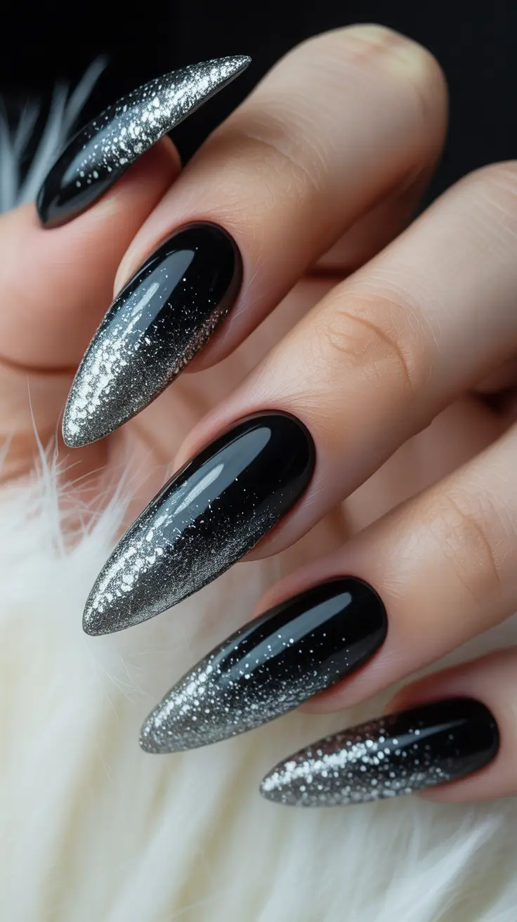 stiletto nails Black and Silver Glitter Fade Stiletto Nails