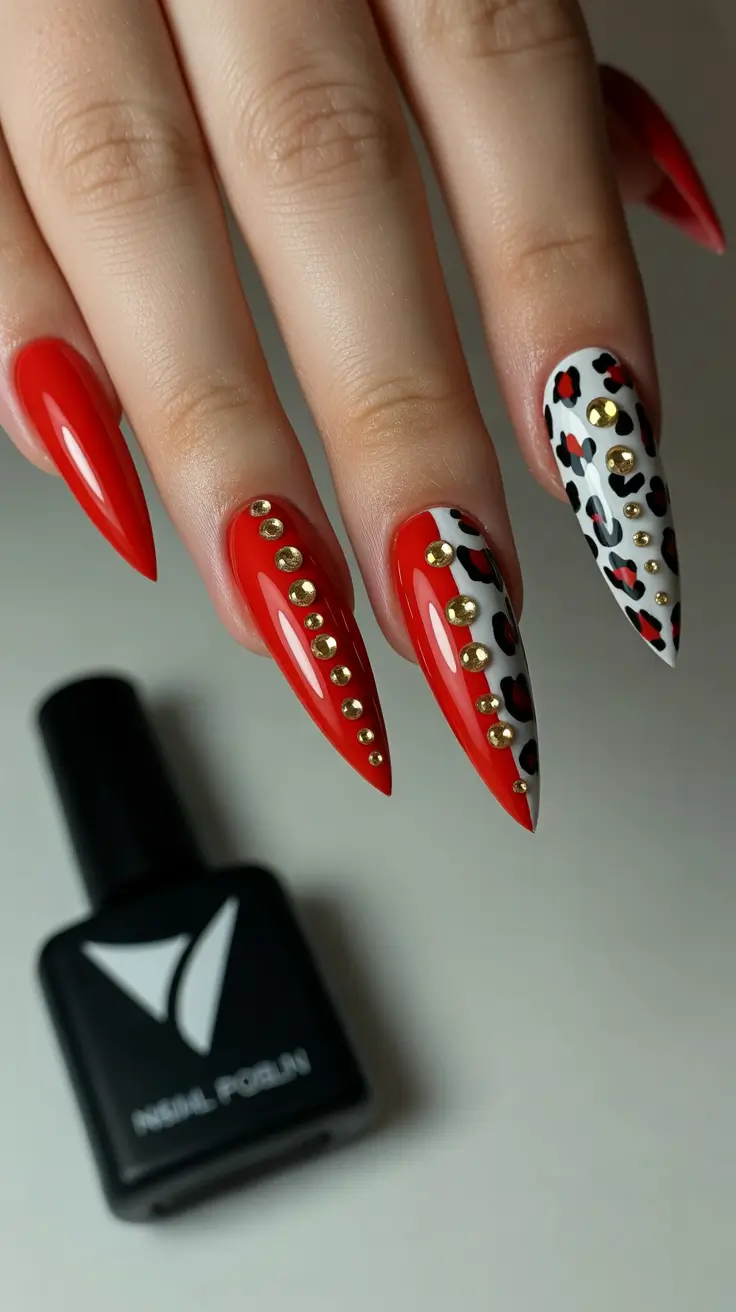 stiletto nails Red Leopard Accent Power Stilettos