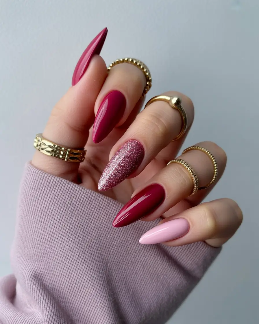 stiletto nails Mixed Red and Pink Stiletto Nails with Textural Contrast