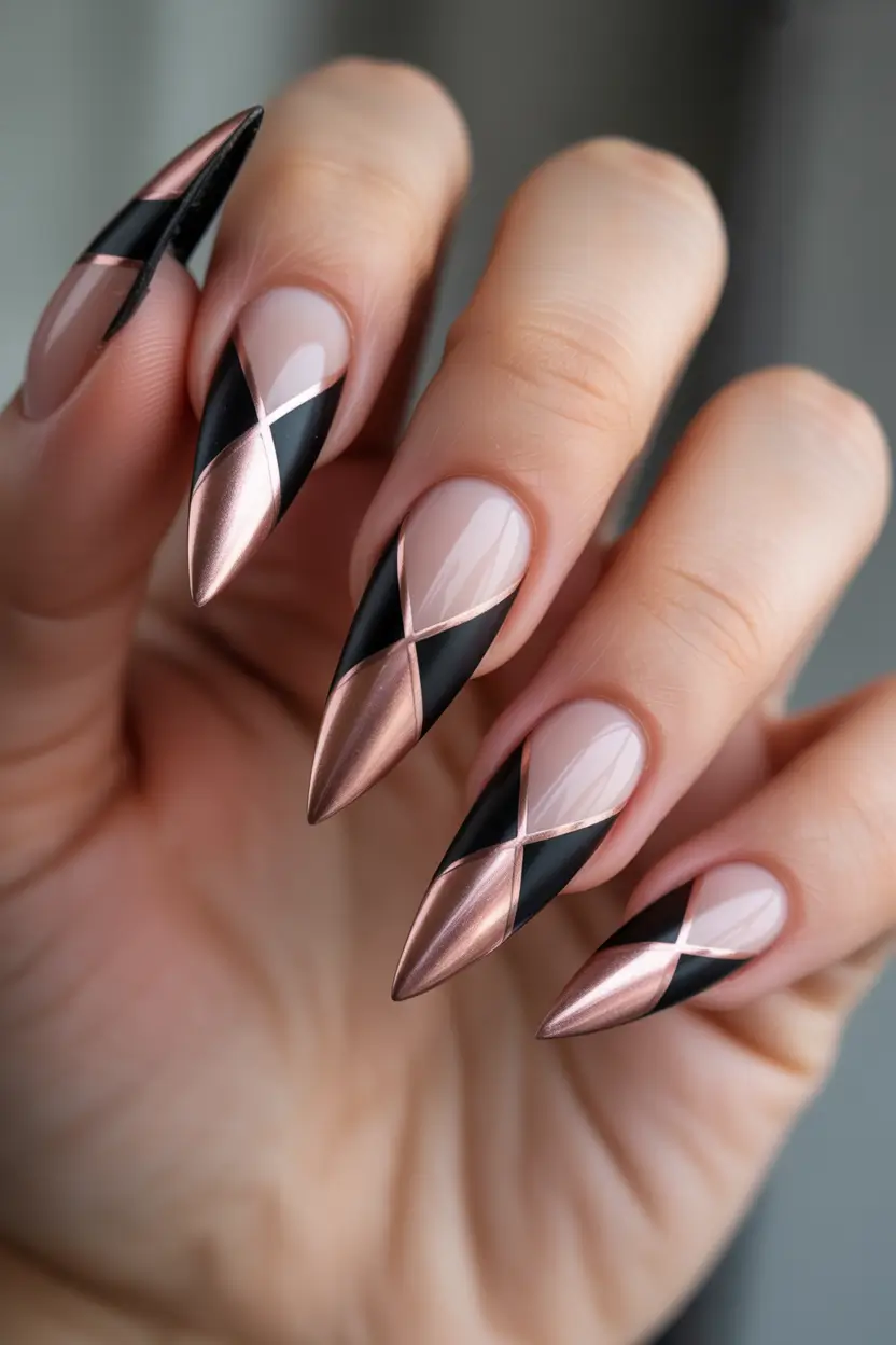 stiletto nails Rose Gold and Black Geometric Stiletto Nails