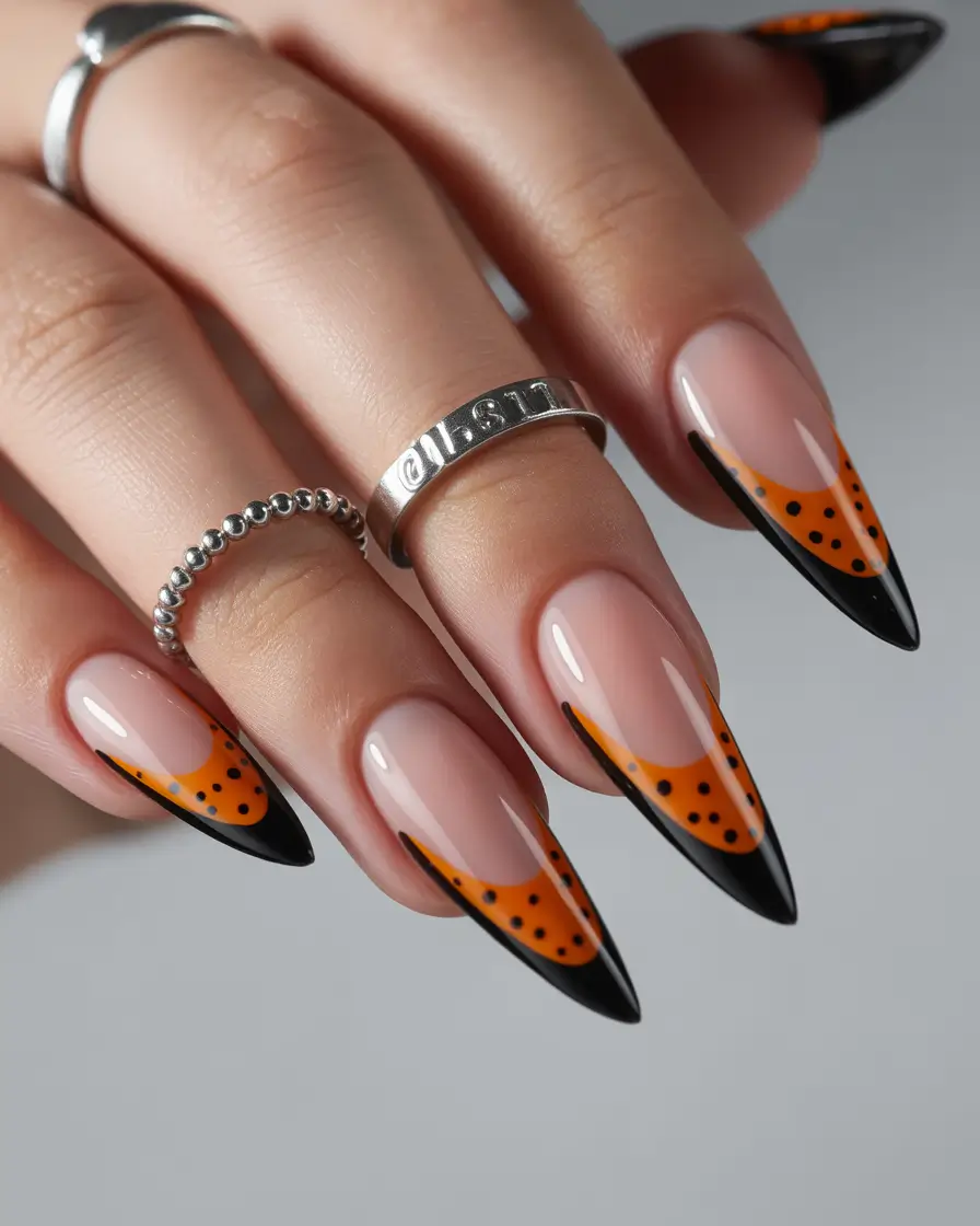 stiletto nails Orange and Black Polka Dot French Tip Stiletto Nails