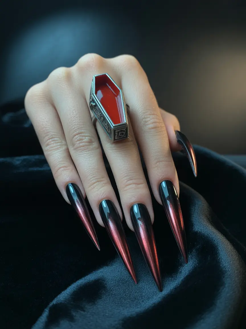 stiletto nails Black to Burgundy Metallic Ombre Stiletto Nails