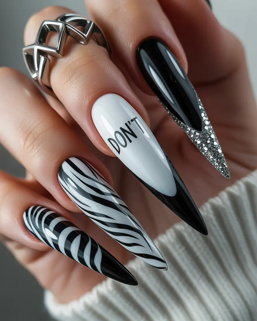 stiletto nails Graphic Black and White Statement Stilettos