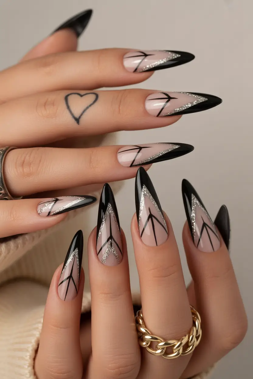 stiletto nails Graphic French Tip Stilettos with Silver Precision