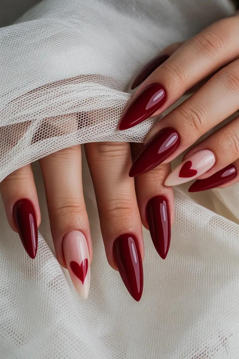 stiletto nails Burgundy Heart Accent Stiletto Romance