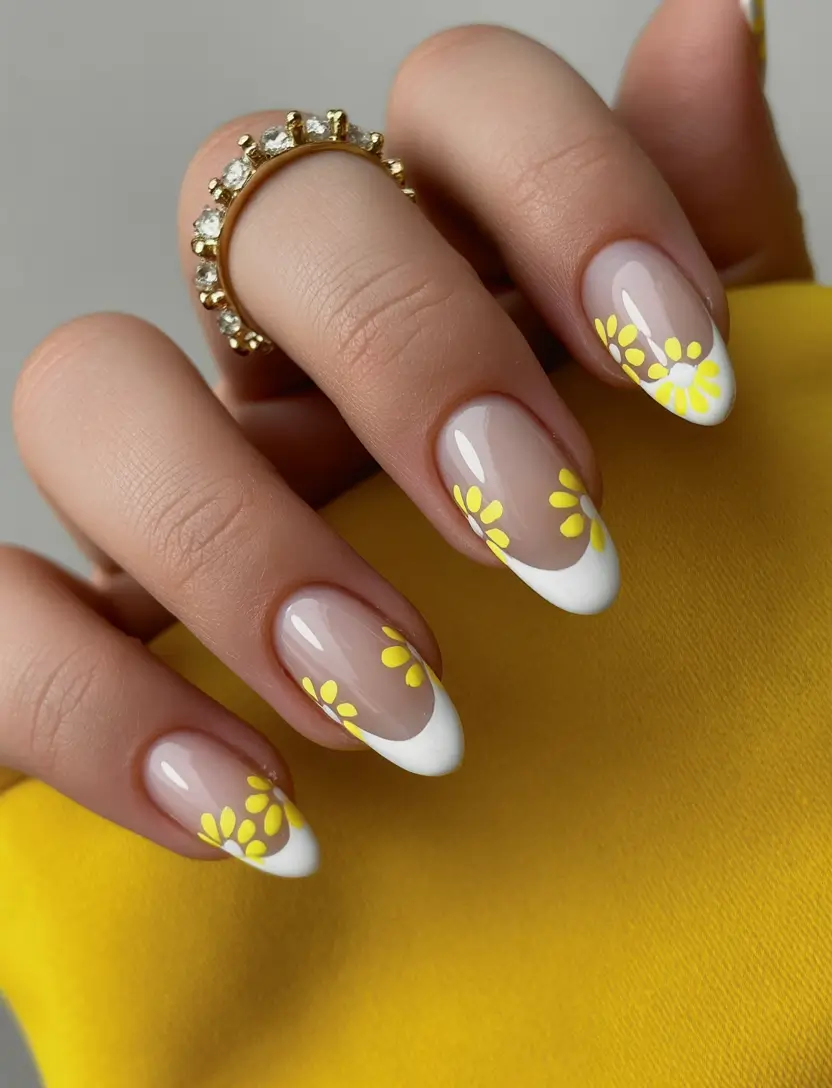 white nails yellow floral french design