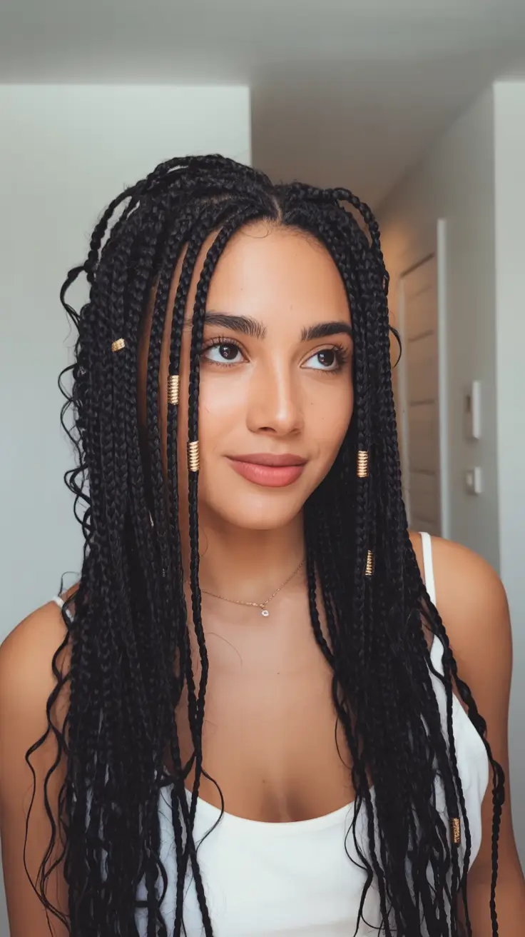 spring hairstyles Loose Boho Box Braids with Gold Accents