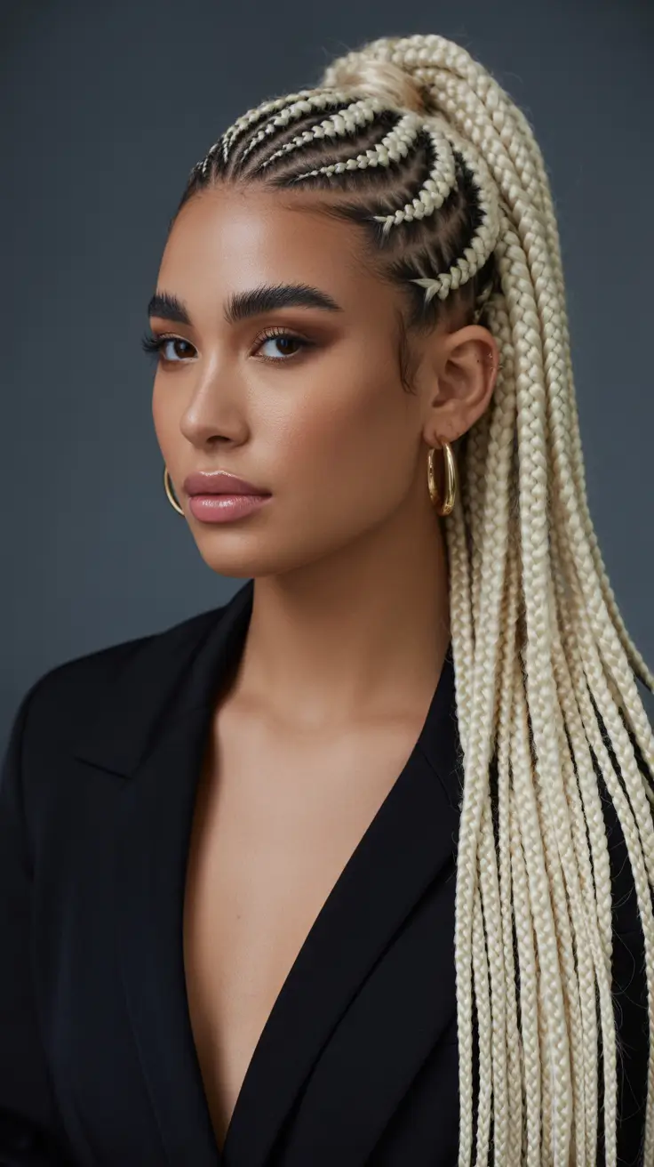 spring hairstyles Platinum Cornrow Ponytail with Modern Edge