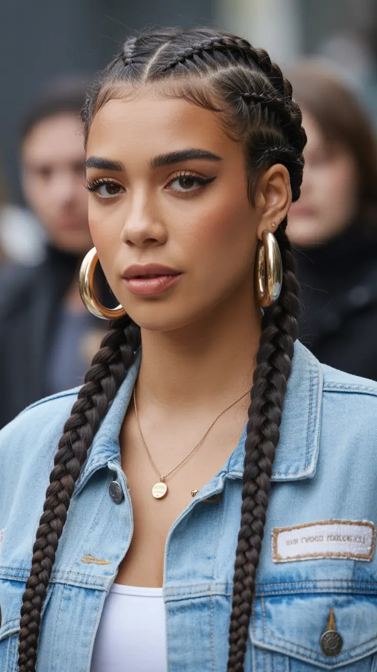 spring hairstyles Sleek Double Braids with Minimalist Cool