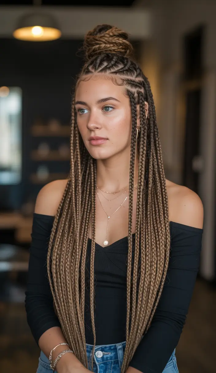 spring hairstyles Honey Blonde Knotless Braids with a Top Bun Twist