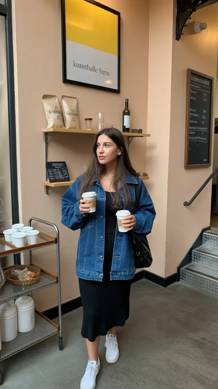 early spring outfits Denim Jackets and Midi Dresses for Everyday City Life