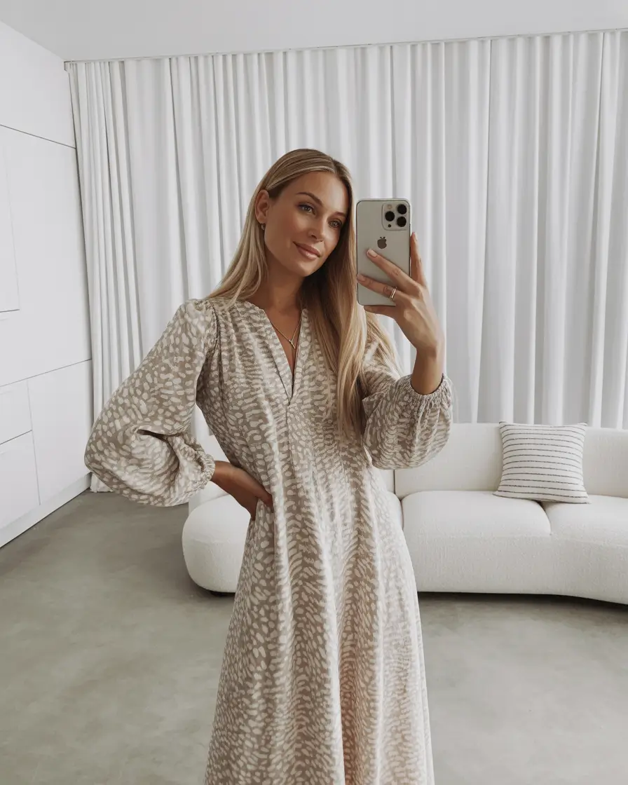 chic spring outfits Soft Neutral Dress for Cozy Spring Moments