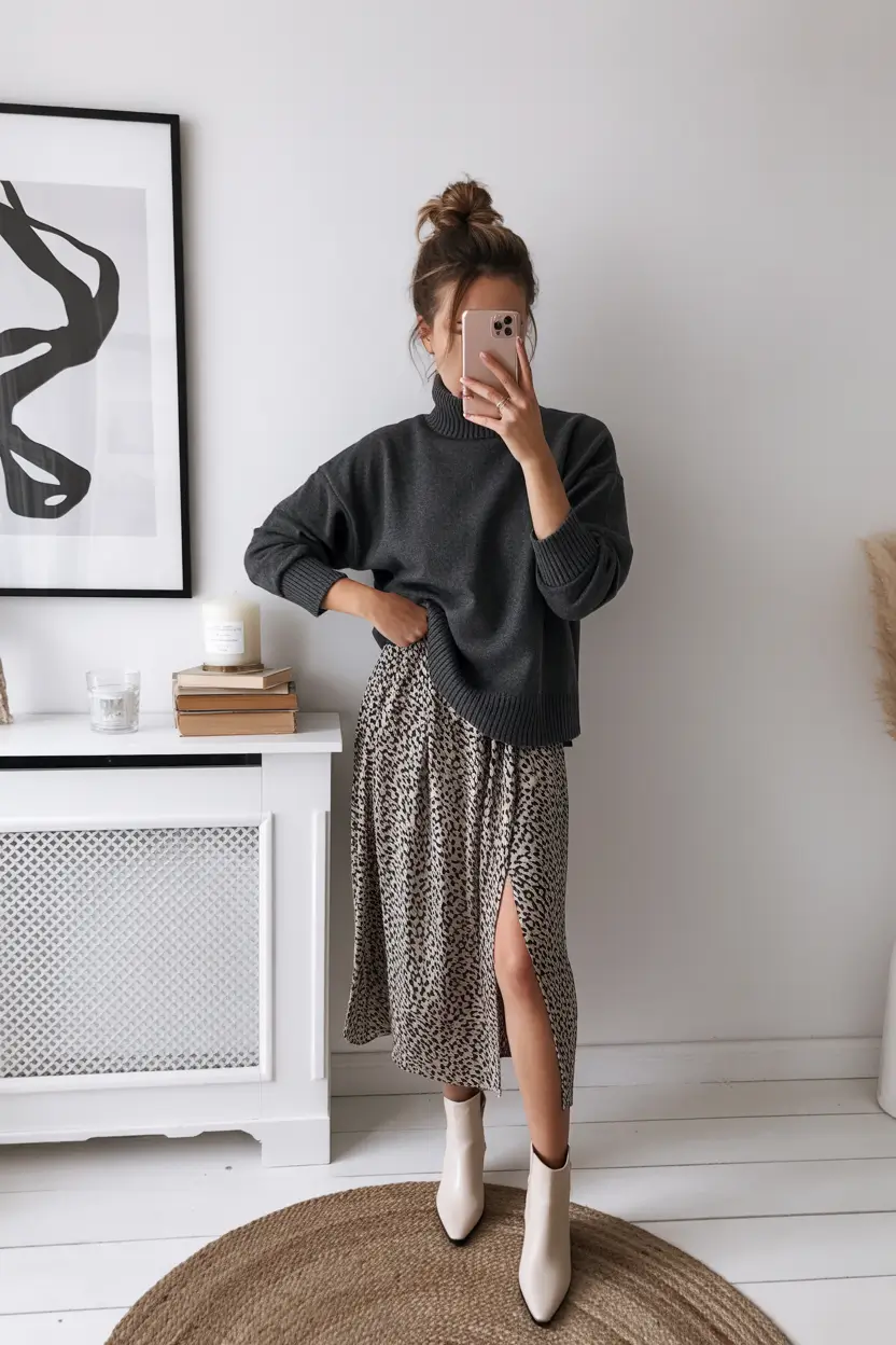 chic spring outfits Cozy Knit Meets Fluid Print for Everyday Ease