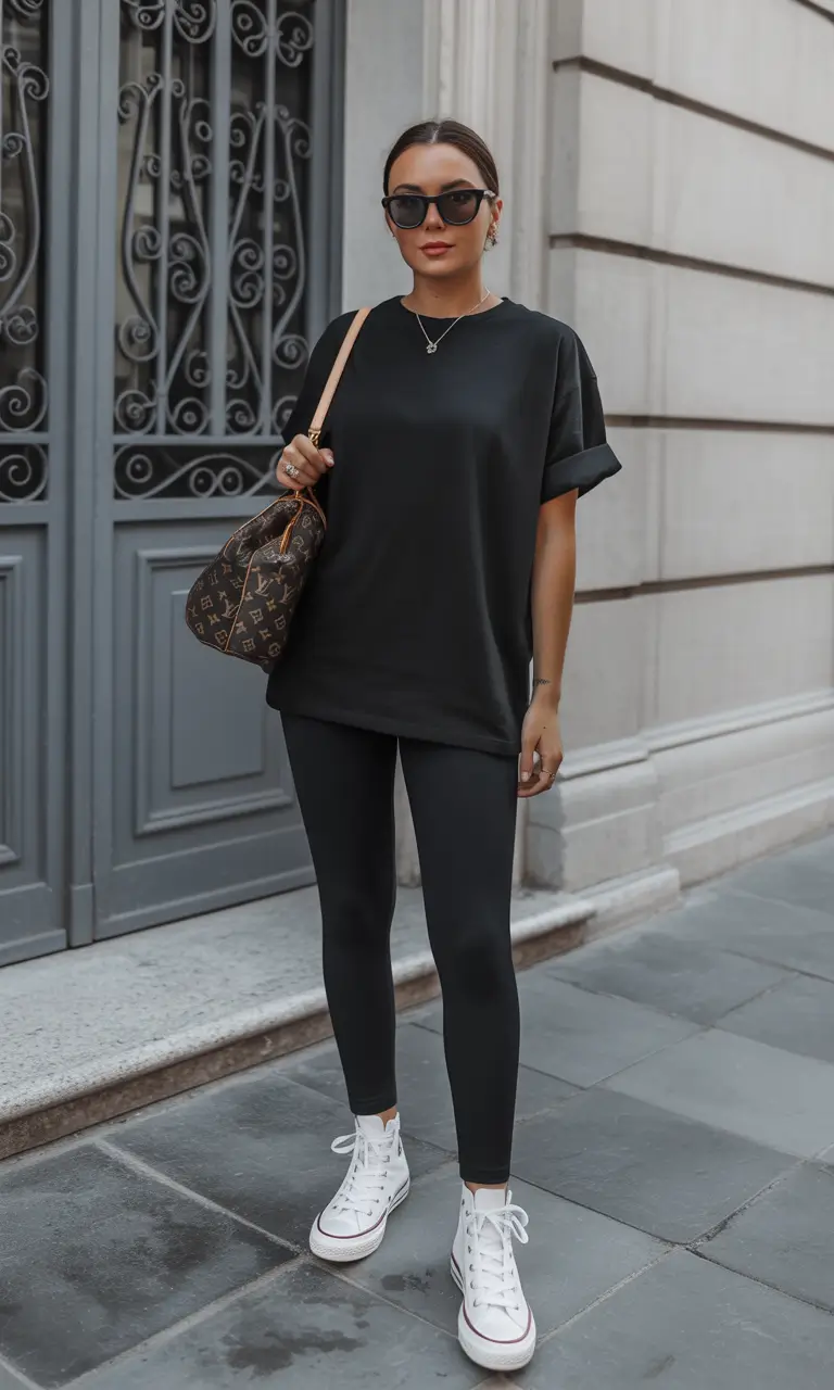 sneakers spring outfit Minimal Black Layers with Casual Elegance
