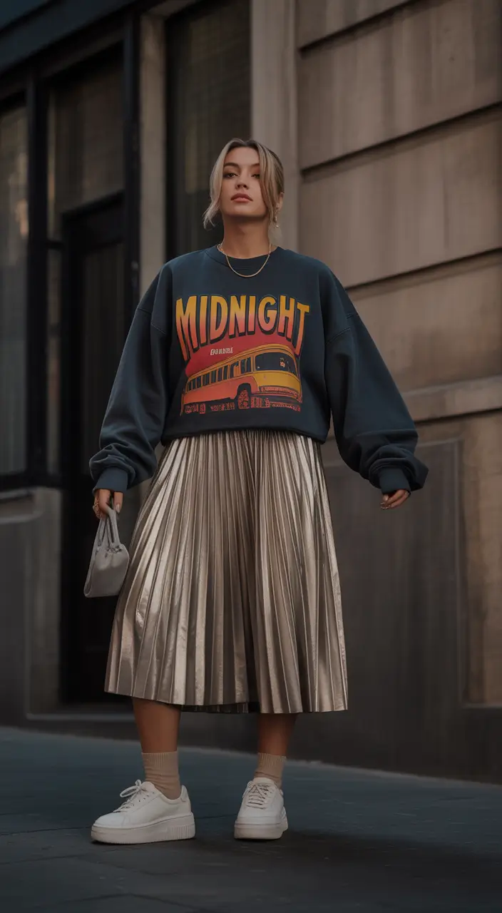 sneakers spring outfit Metallic Skirt Meets Casual Cool