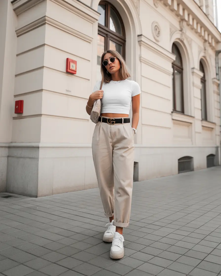 sneakers spring outfit Minimal Neutrals with a Modern Attitude