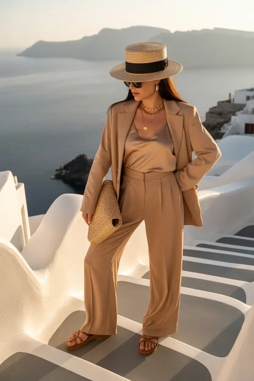 Spring vacation outfits Golden Hour Tailoring Above the Aegean