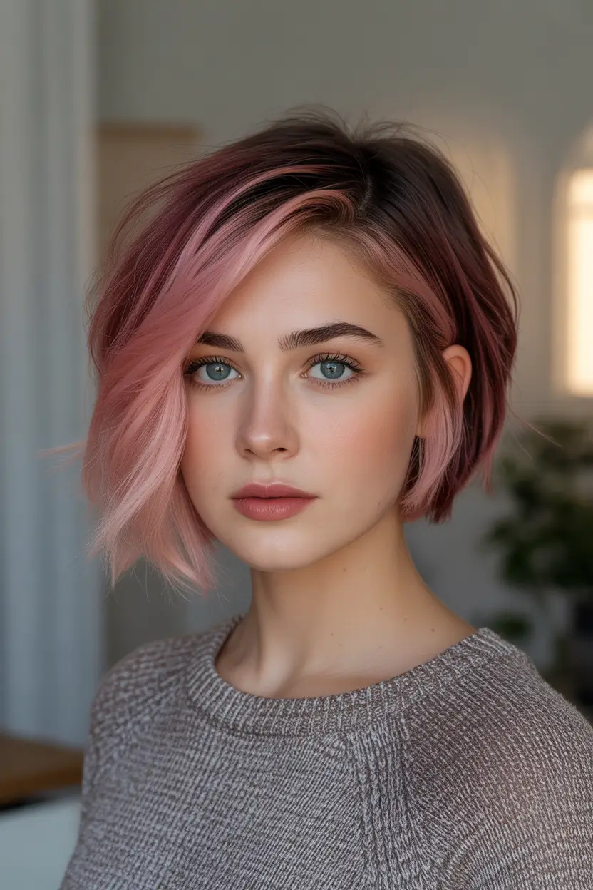 February Hair Color Ideas 2026 Soft Rose Short Cut With Playful Movement