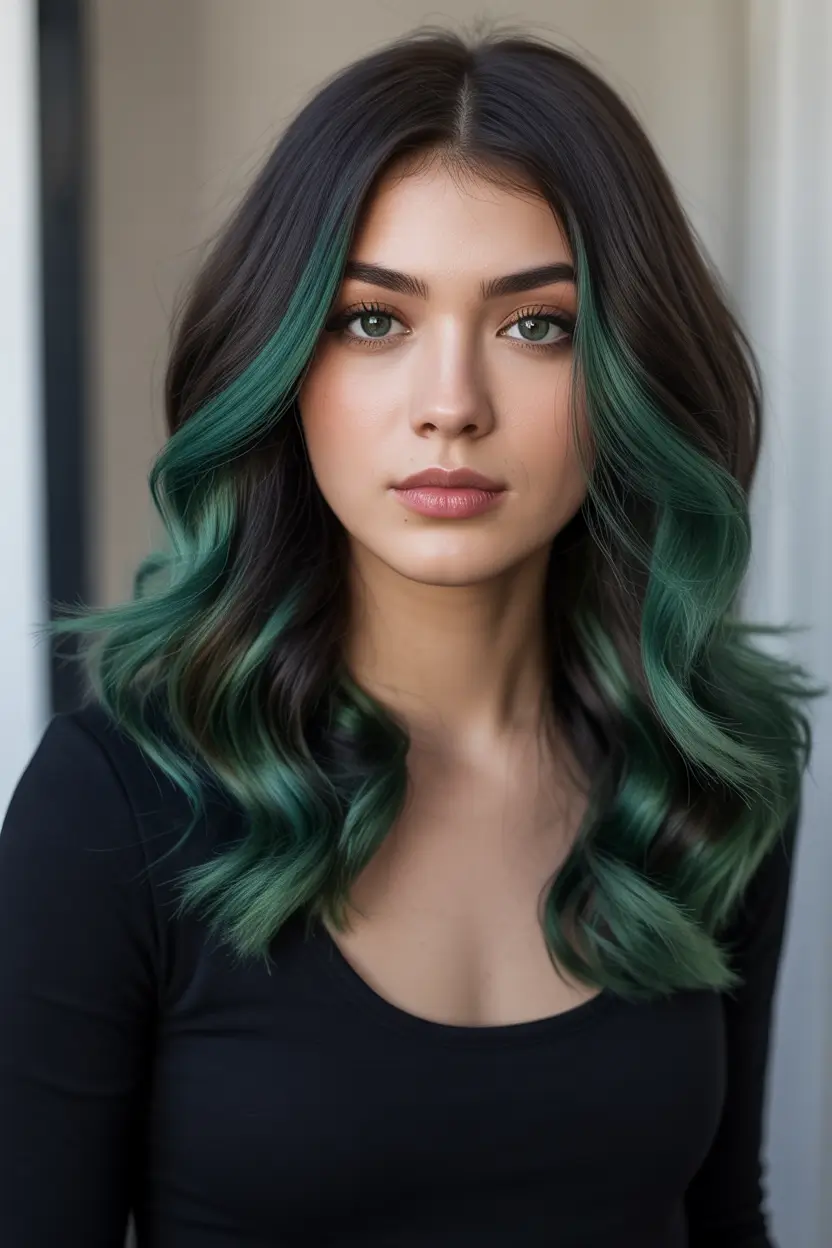 February Hair Color Ideas 2026 Emerald-Infused Brunette With Modern Contrast