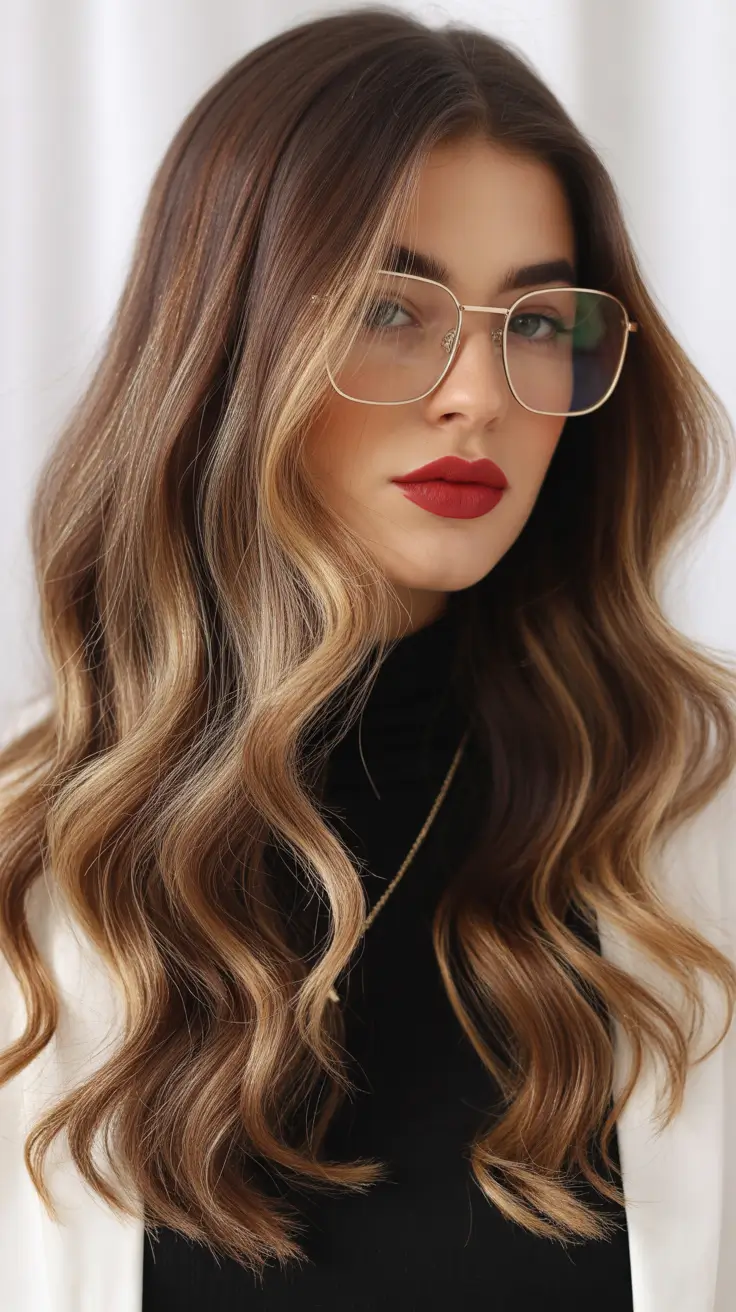 February Hair Color Ideas 2026 Warm Bronde Waves With Polished Contrast