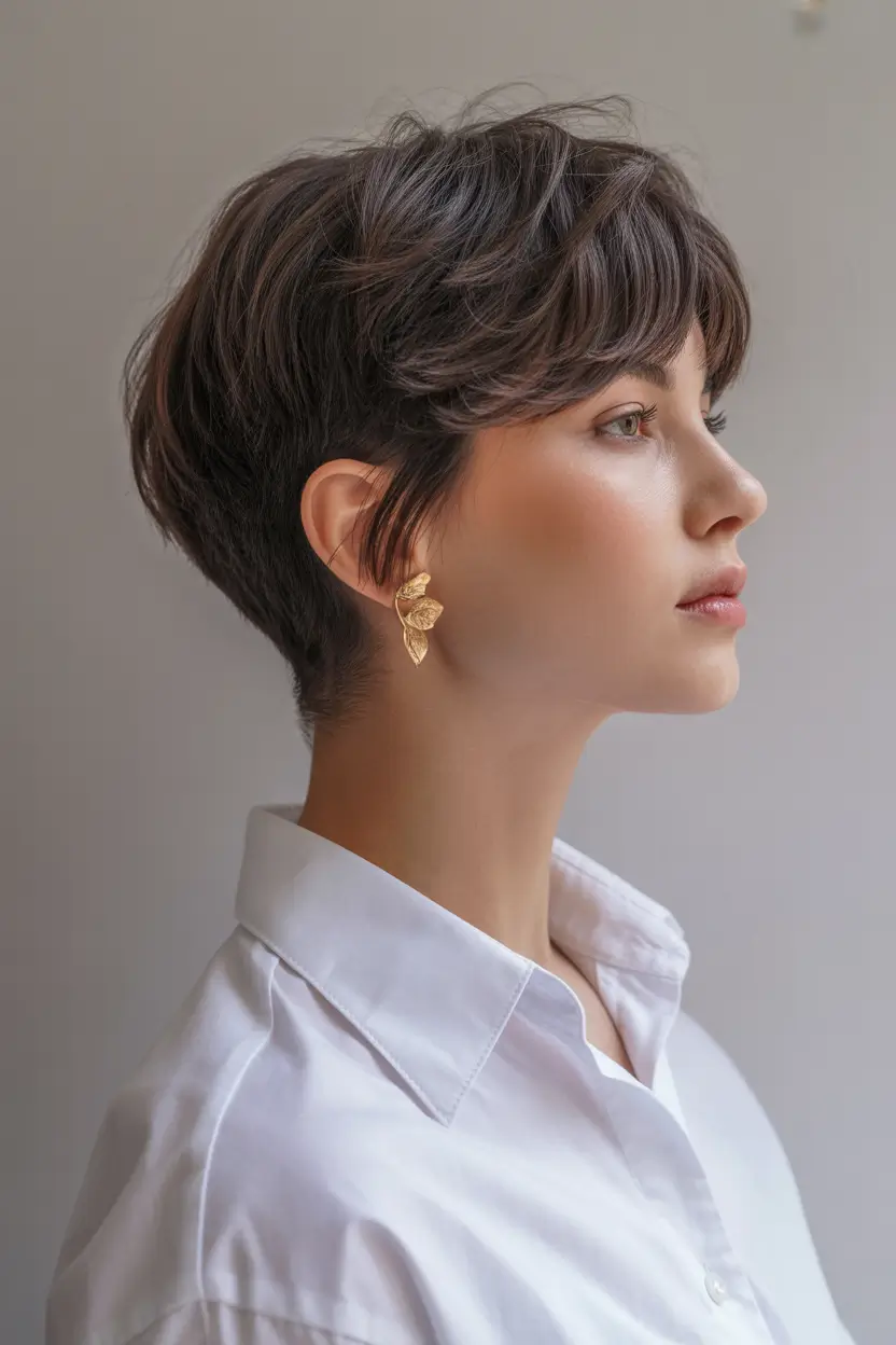 February Hair Color Ideas 2026 Soft Layered Pixie in Cool Brunette Tones