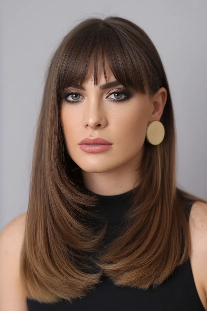 February Hair Color Ideas 2026 Classic Brunette With Soft Bangs and Length