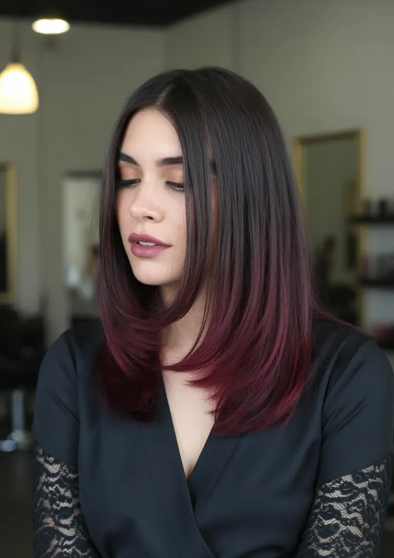 February Hair Color Ideas 2026 Deep Plum Ombre With Subtle Contrast