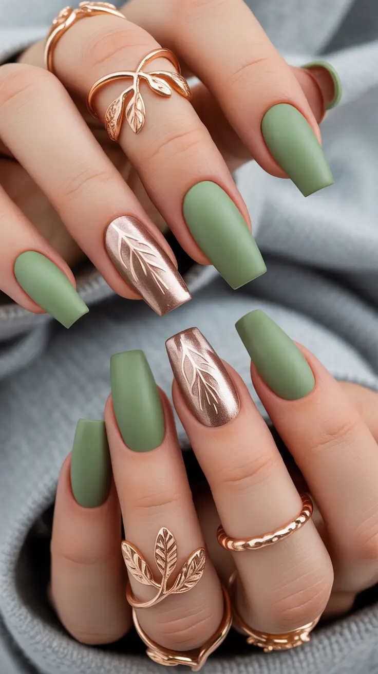 February nails Muted Green with Metallic Botanical Accents