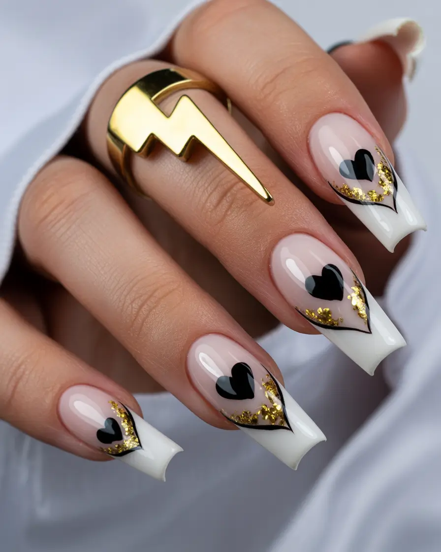 February nails Valentine Hearts French