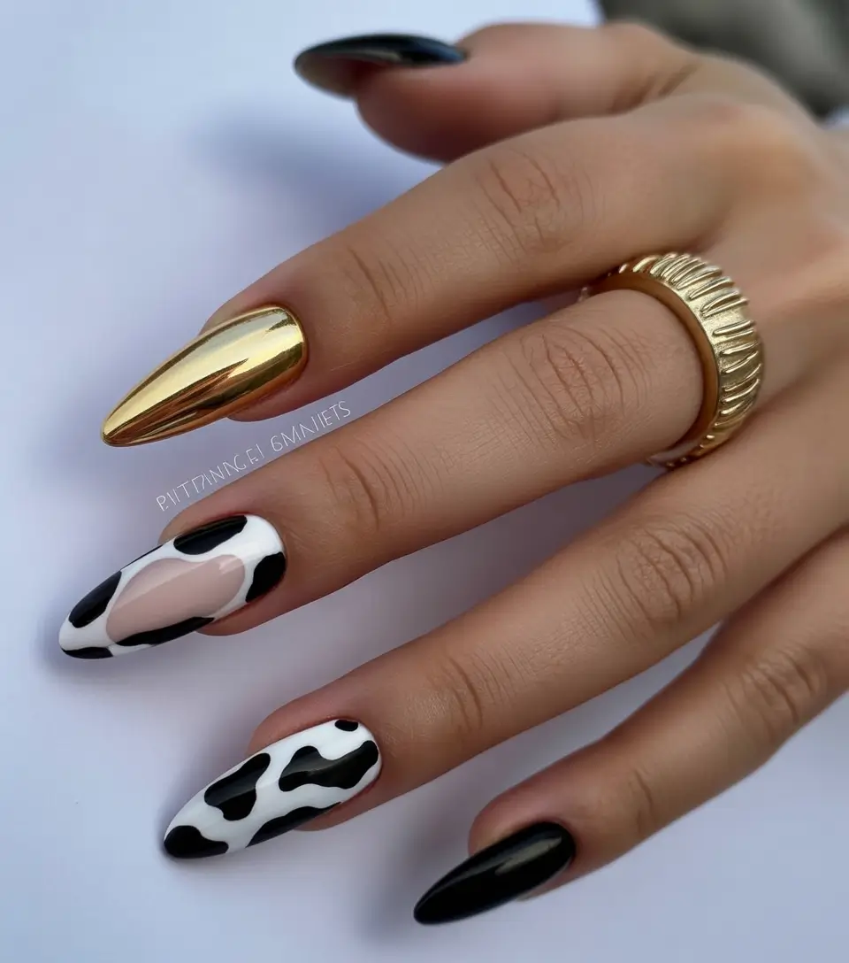 February nails Graphic Black and White with Gold Accent