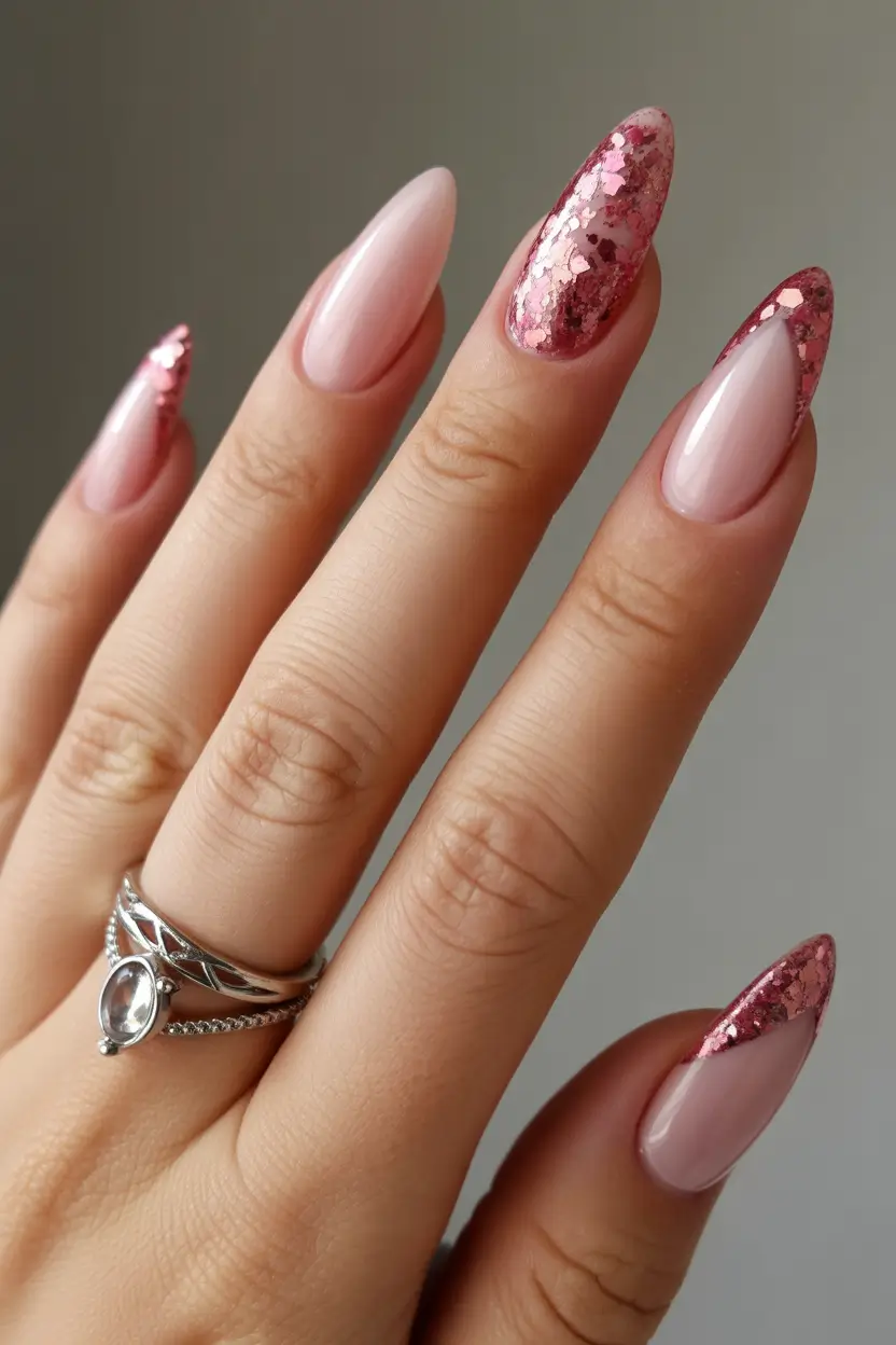 February nails Almond Glitter Classy