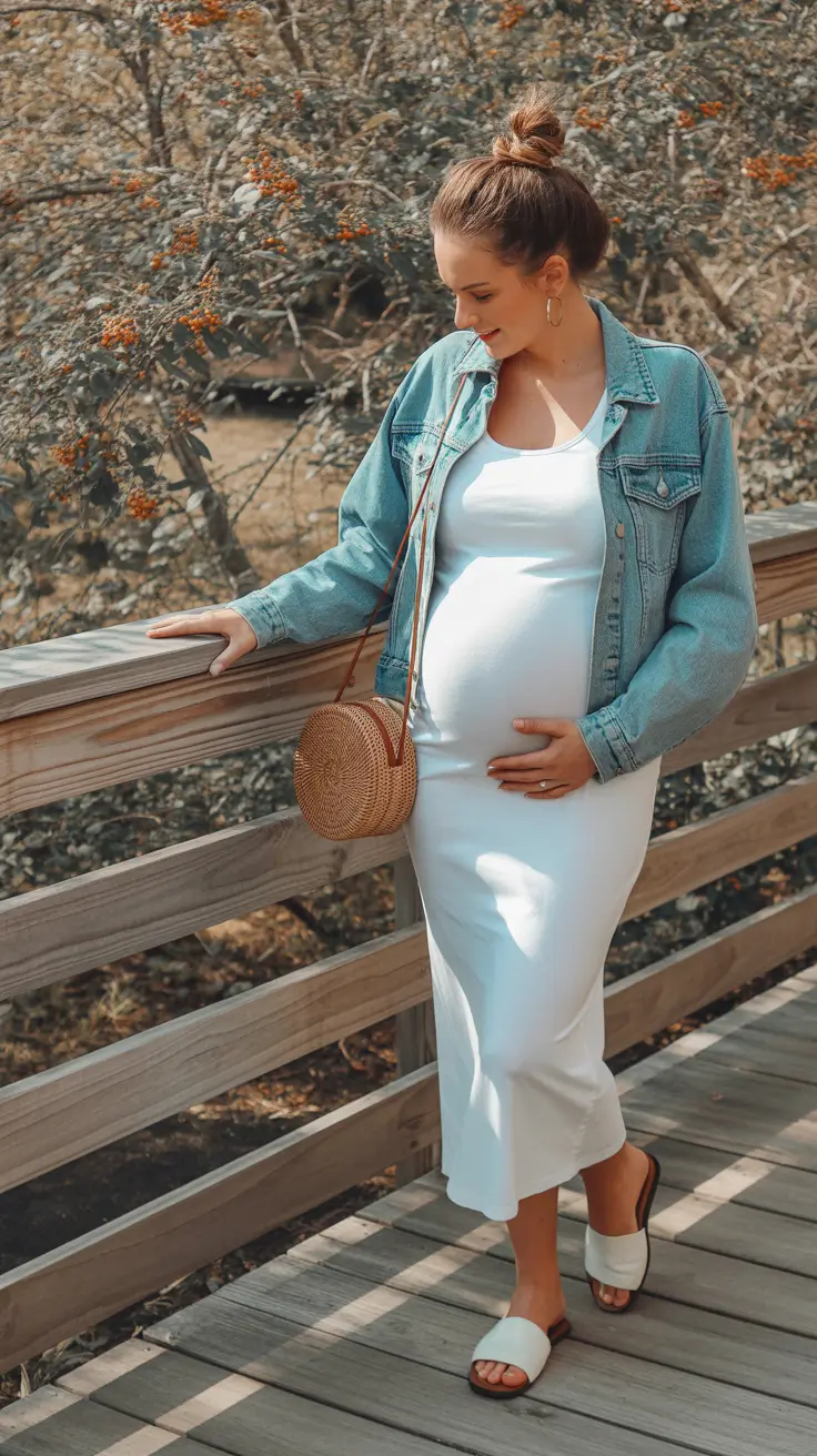 spring outfit for pregnant women Denim Layers for Outdoor Spring Moments