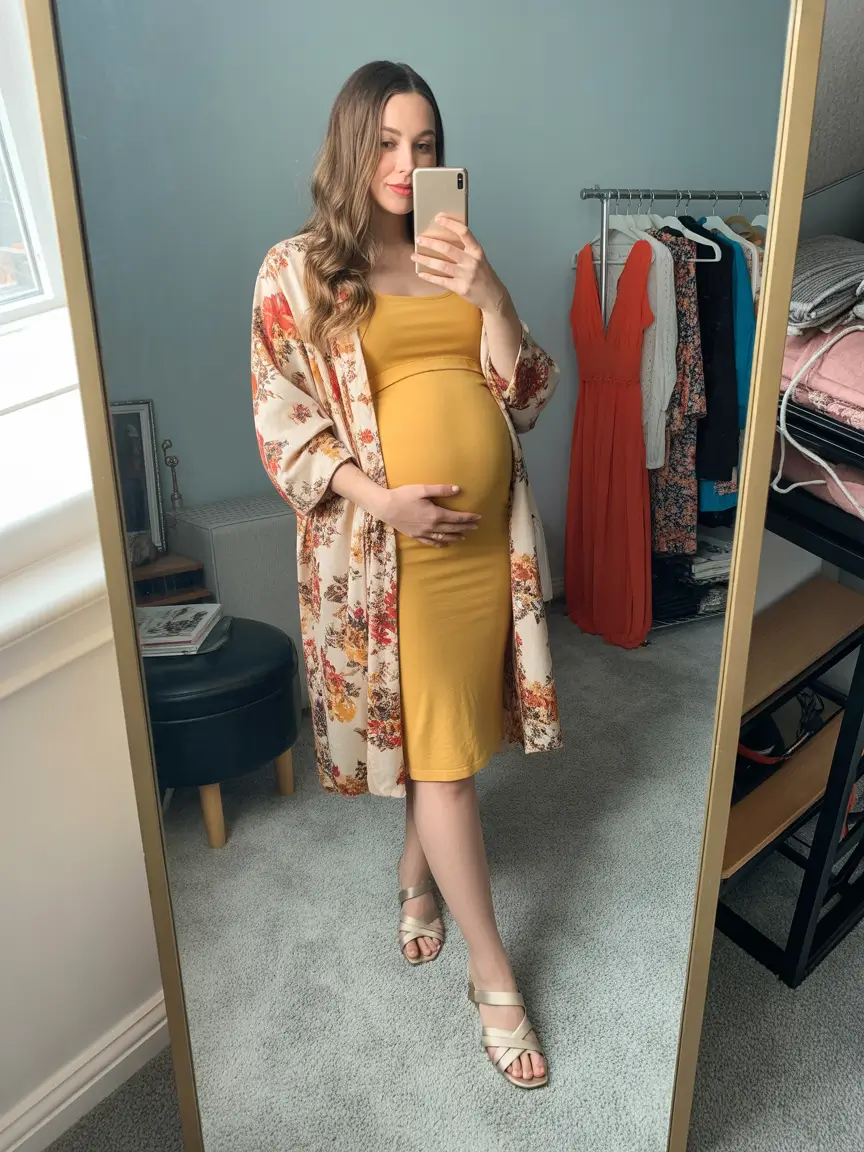 spring outfit for pregnant women Warm Tones and Easy Femininity