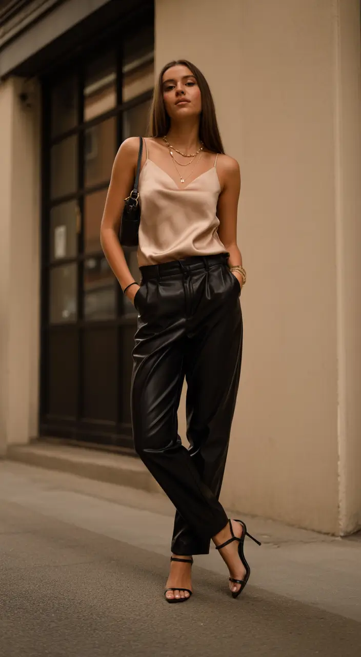 Spring Wardrobe Soft Shine and Leather for Early Spring Evenings