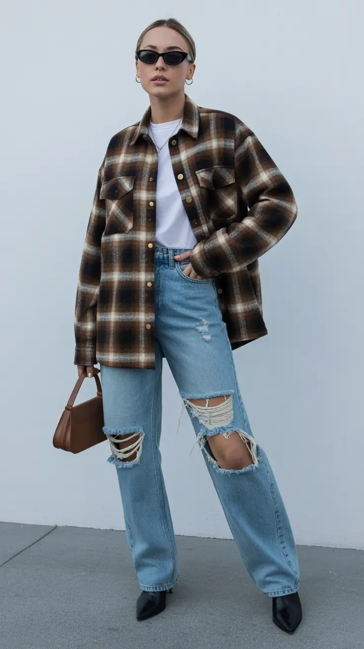spring mom outfits Relaxed Plaid and Distressed Denim Energy