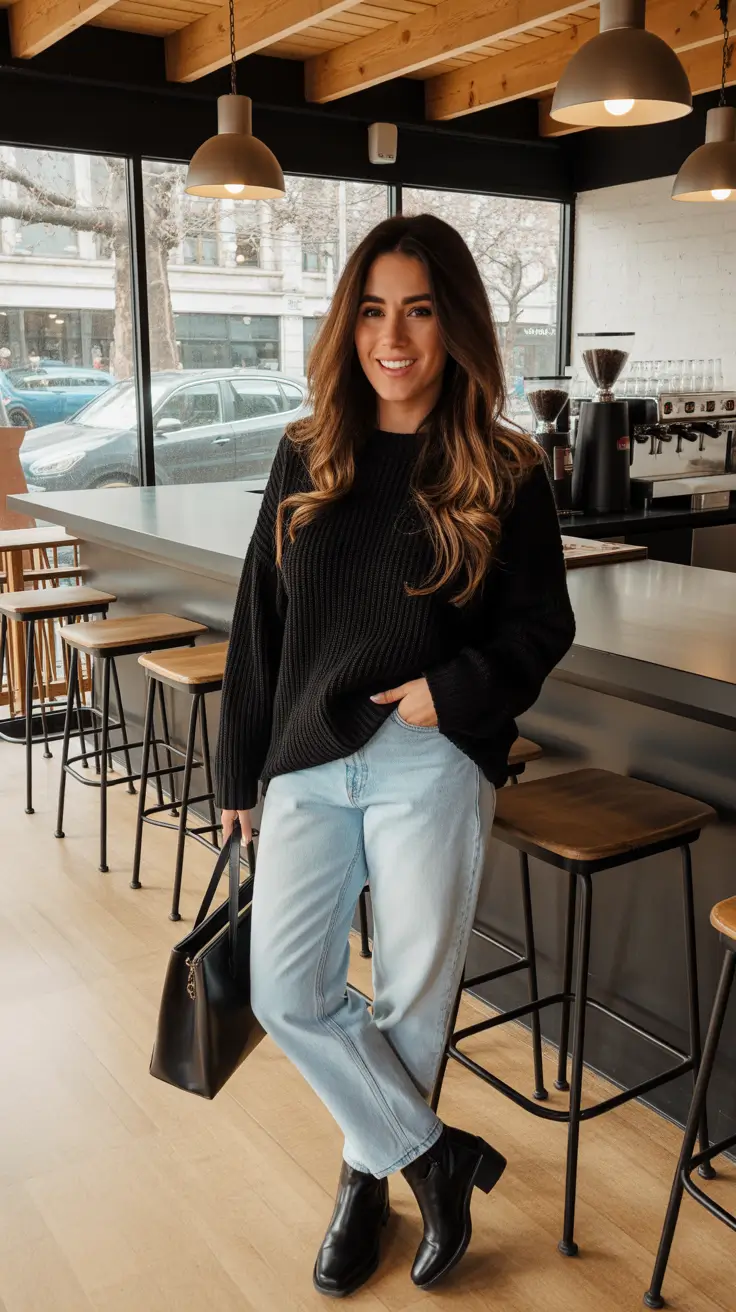 spring mom outfits Classic Knit and Denim for Coffee-Date Mornings