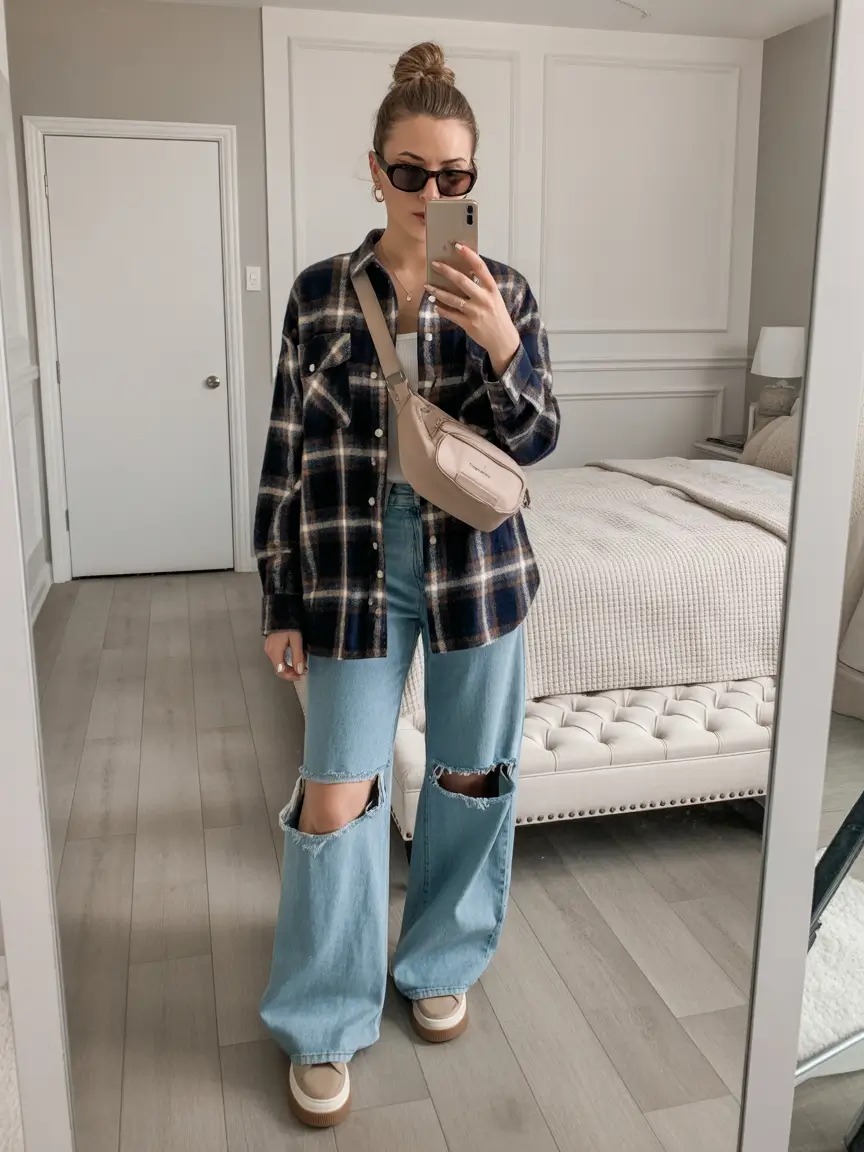 spring mom outfits Relaxed Plaid Layers with Everyday Ease