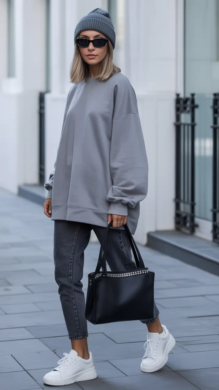 spring mom outfits Muted Grey Comfort for Cool Spring Days