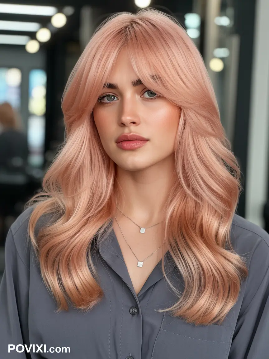 spring hair trends Peachy Blonde Layers With Airy Curtain Bangs