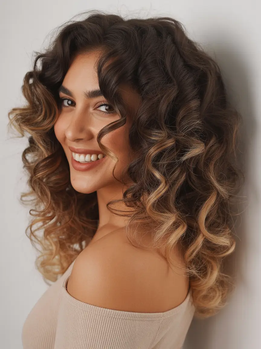 spring hair trends Brown Curly Volume With Honey Ribbon Highlights