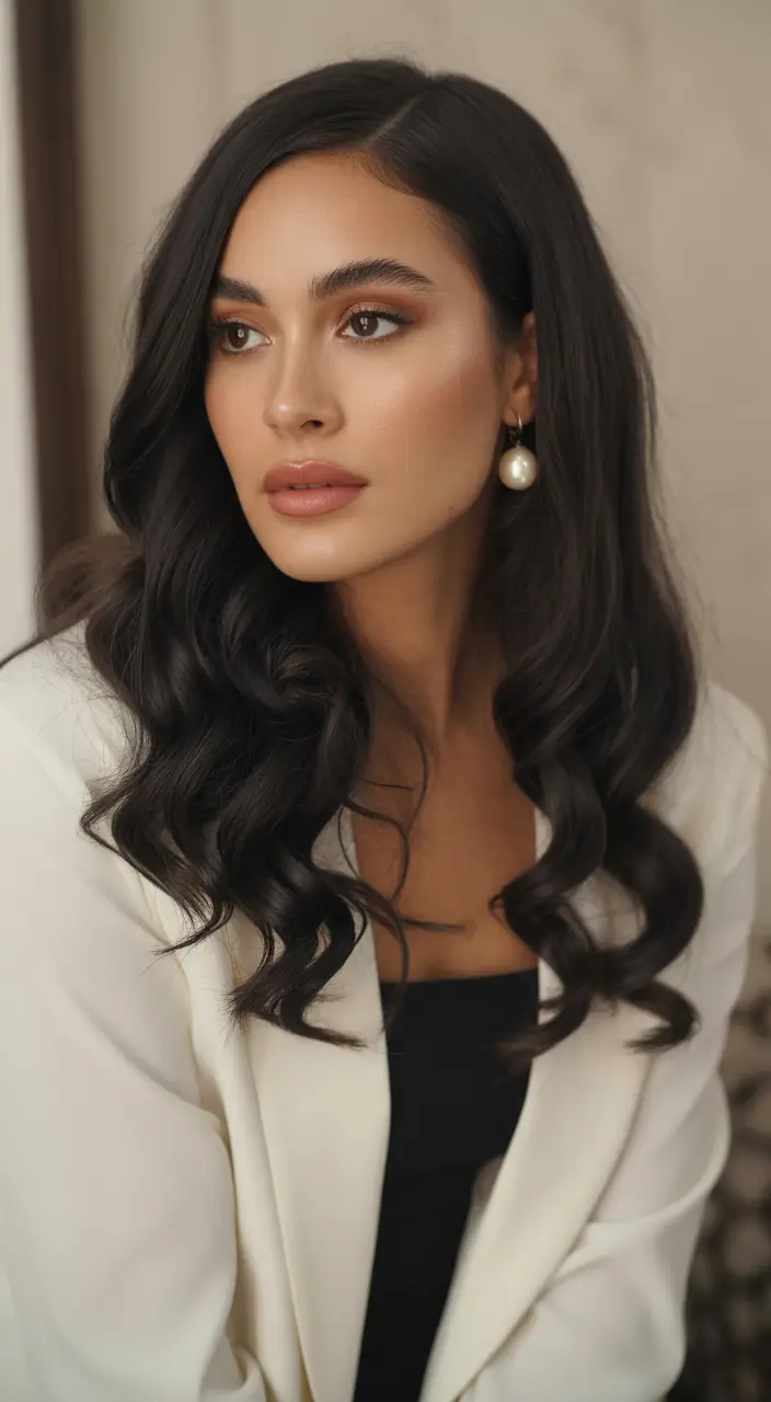 spring hair trends Glossy Brunette Waves With Pearl-Soft Elegance