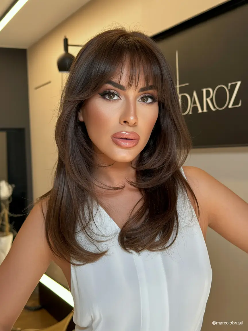 spring hair trends Long Layered Brunette With 70s Volume Bangs